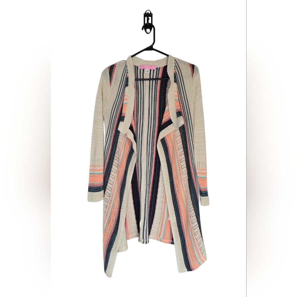 Vtg Striped Cardigan Sweater L Made in USA Boho Peach Navy Cream‎ Made In USA